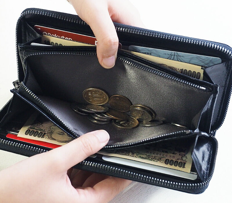 ZOO Wallet Long Wallet Italian Leather Block Check Round Zipper Black Caracal Wallet [Z-ZLW-079-BK] 