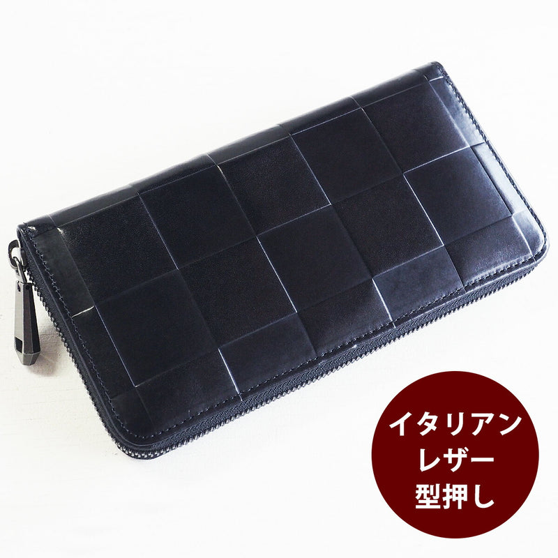 ZOO Wallet Long Wallet Italian Leather Block Check Round Zipper Black Caracal Wallet [Z-ZLW-079-BK] 