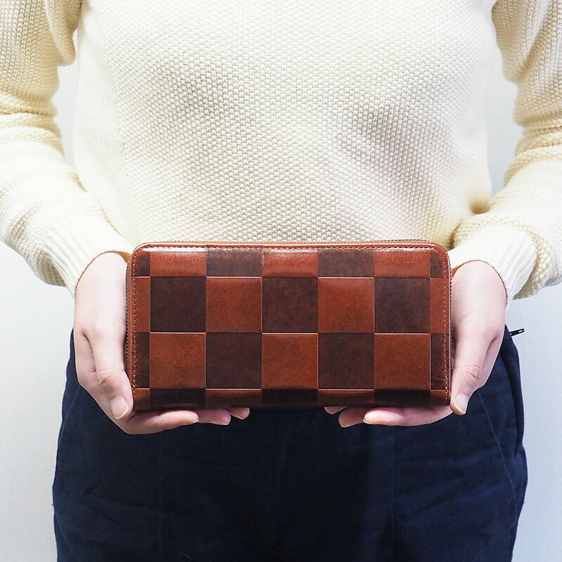 ZOO Wallet Long Wallet Italian Leather Block Check Round Zipper Brown Caracal Wallet [Z-ZLW-079-BR] 