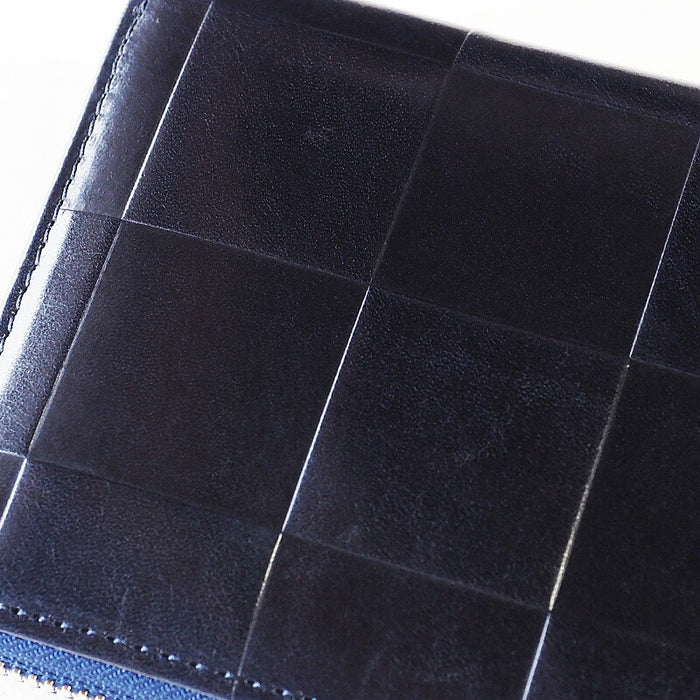 ZOO Wallet Long Wallet Italian Leather Block Check Round Zipper Navy Caracal Wallet [Z-ZLW-079-NV]