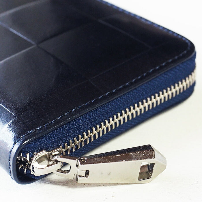 ZOO Wallet Long Wallet Italian Leather Block Check Round Zipper Navy Caracal Wallet [Z-ZLW-079-NV]