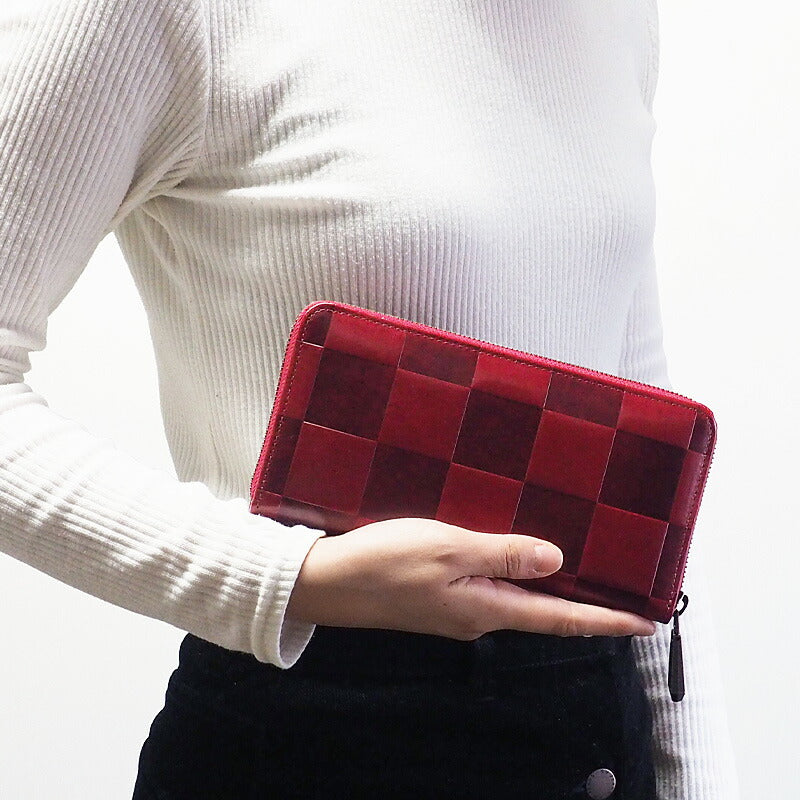 ZOO(ズー) 財布 長財布 イタリアンレザー ブロックチェック ラウンドファスナー レッド カラカルウォレット[Z-ZLW-079-RD]