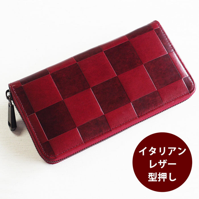 ZOO Wallet Long Wallet Italian Leather Block Check Round Zipper Red Caracal Wallet [Z-ZLW-079-RD] 