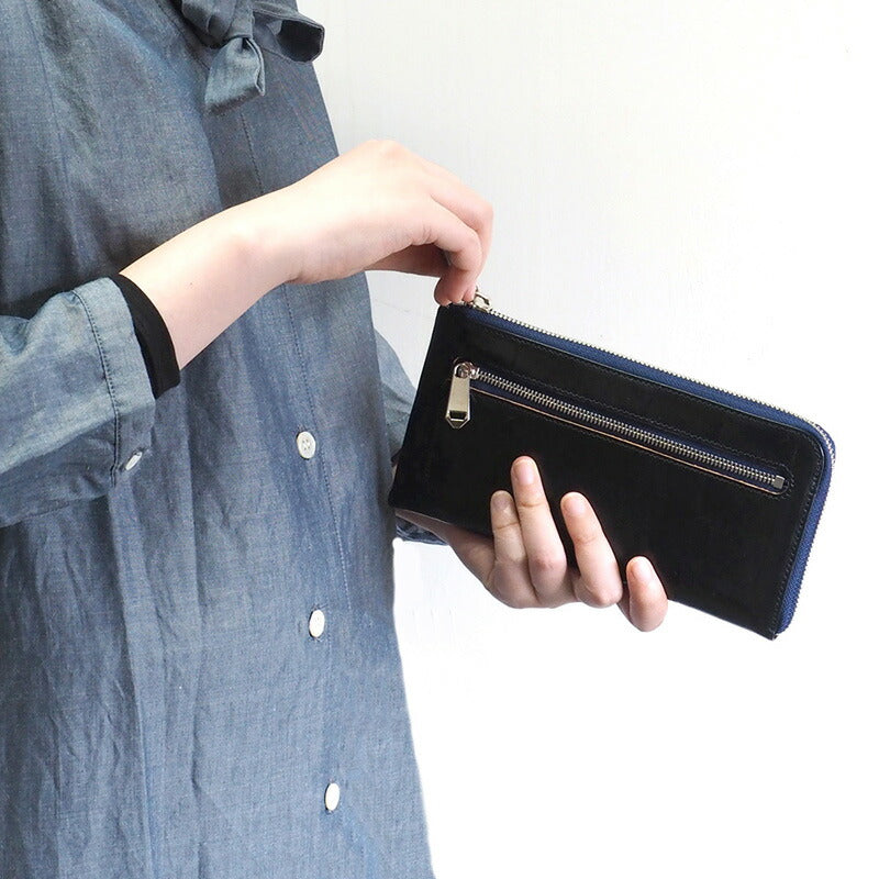 ZOO 錢包長款錢包意大利皮革塊格紋 L 形拉鍊海軍獵豹錢包 3 [Z-ZLW-080-NV] 