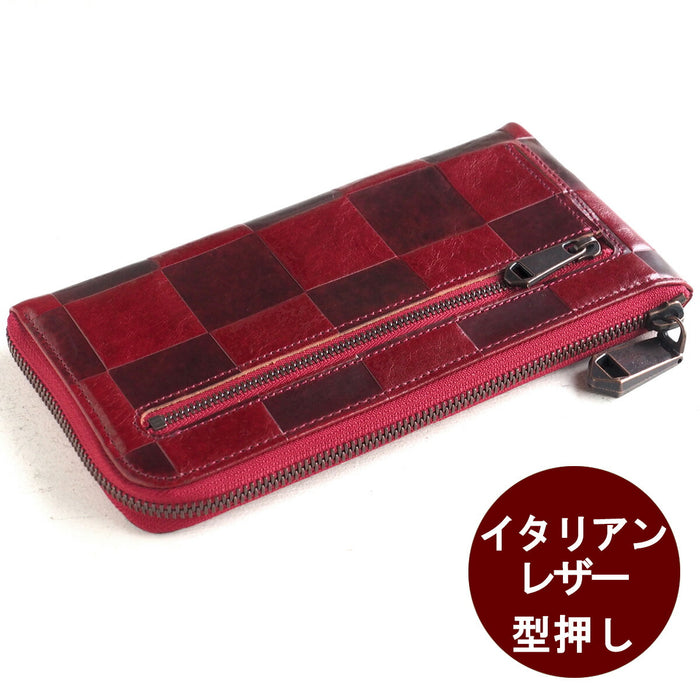 ZOO Wallet Long Wallet Italian Leather Block Check L-shaped Zipper Red Cheetah Wallet 3 [Z-ZLW-080-RD] 